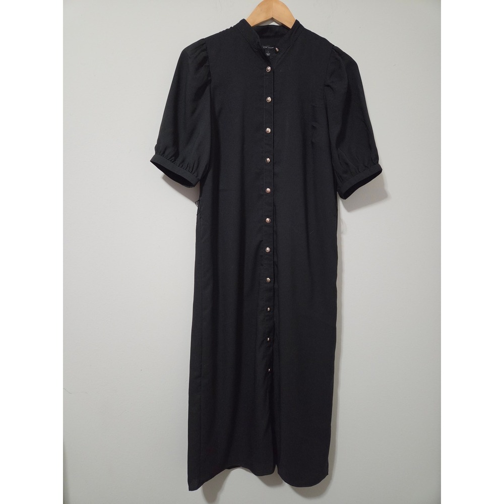Ann Taylor Black Midi Shirt Dress Gold‎ Button Front Puff Sleeve Size 2 RN77379